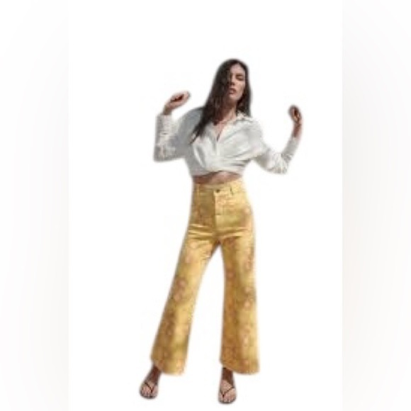 Zara Denim - Zara Marine Straight High Waisted Yellow Sun Flower Denim Jean Sz 4 Ragged Hem